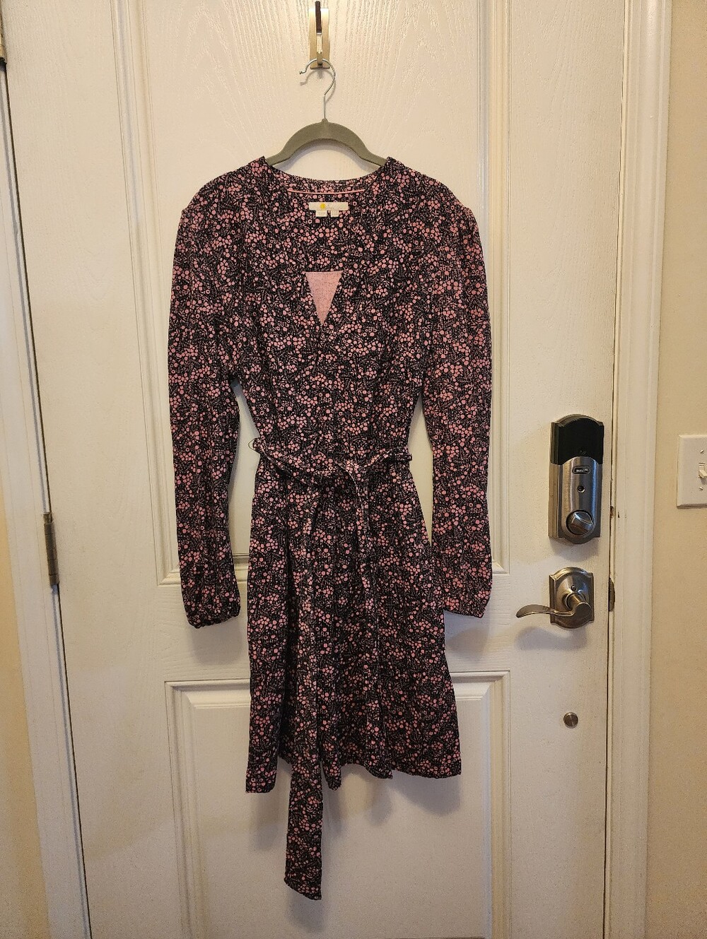 Boden Pink Floral on Black Long-Sleeve Wrap Dress